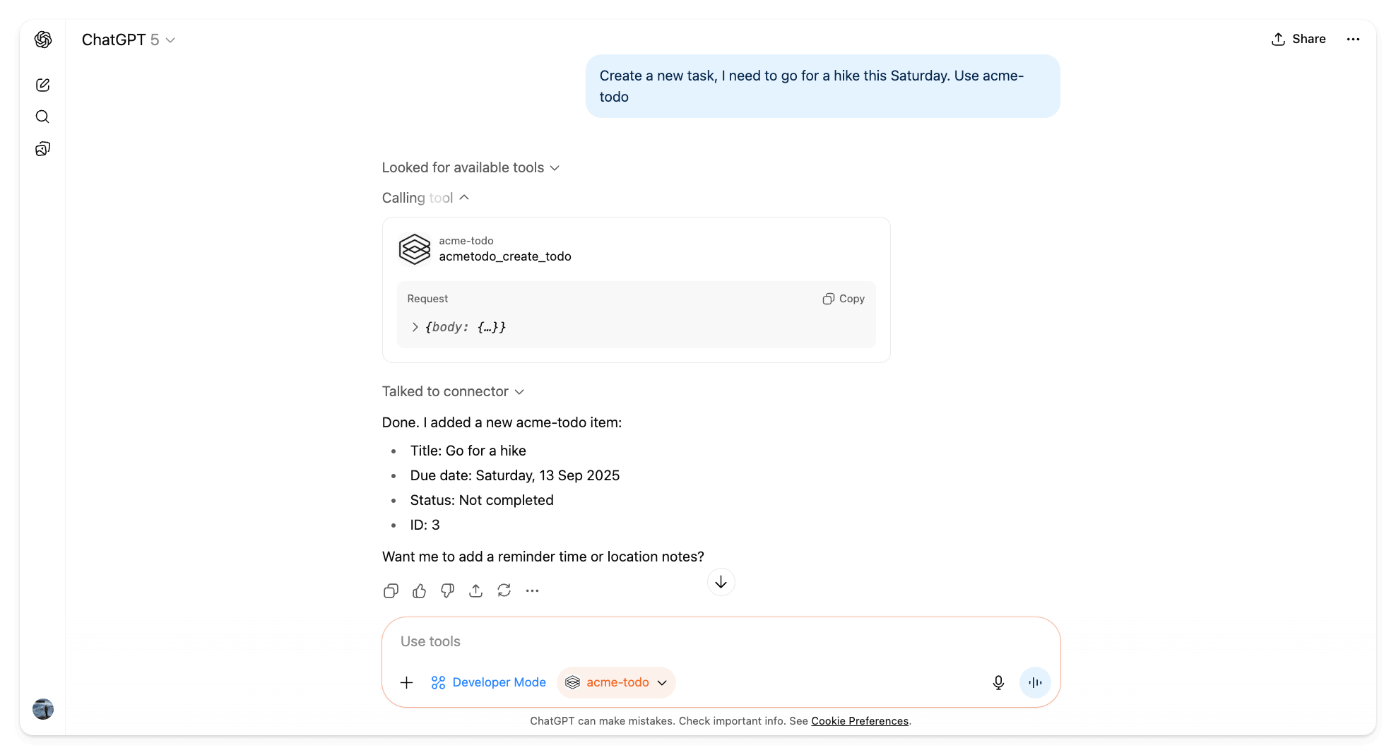 Screenshot showing Acme To-Do in ChatGPT preview