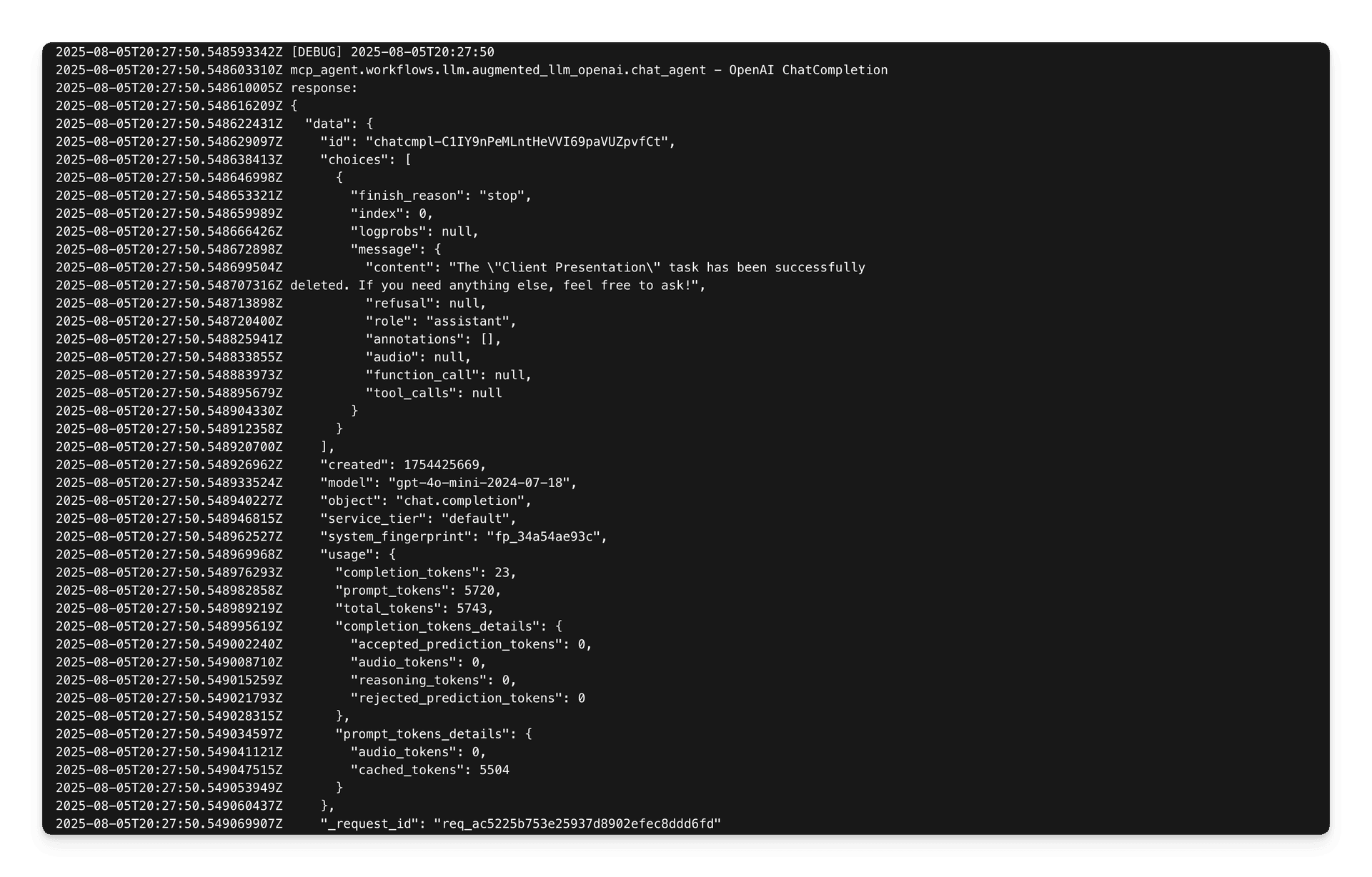 Chat service logs displayed in the terminal