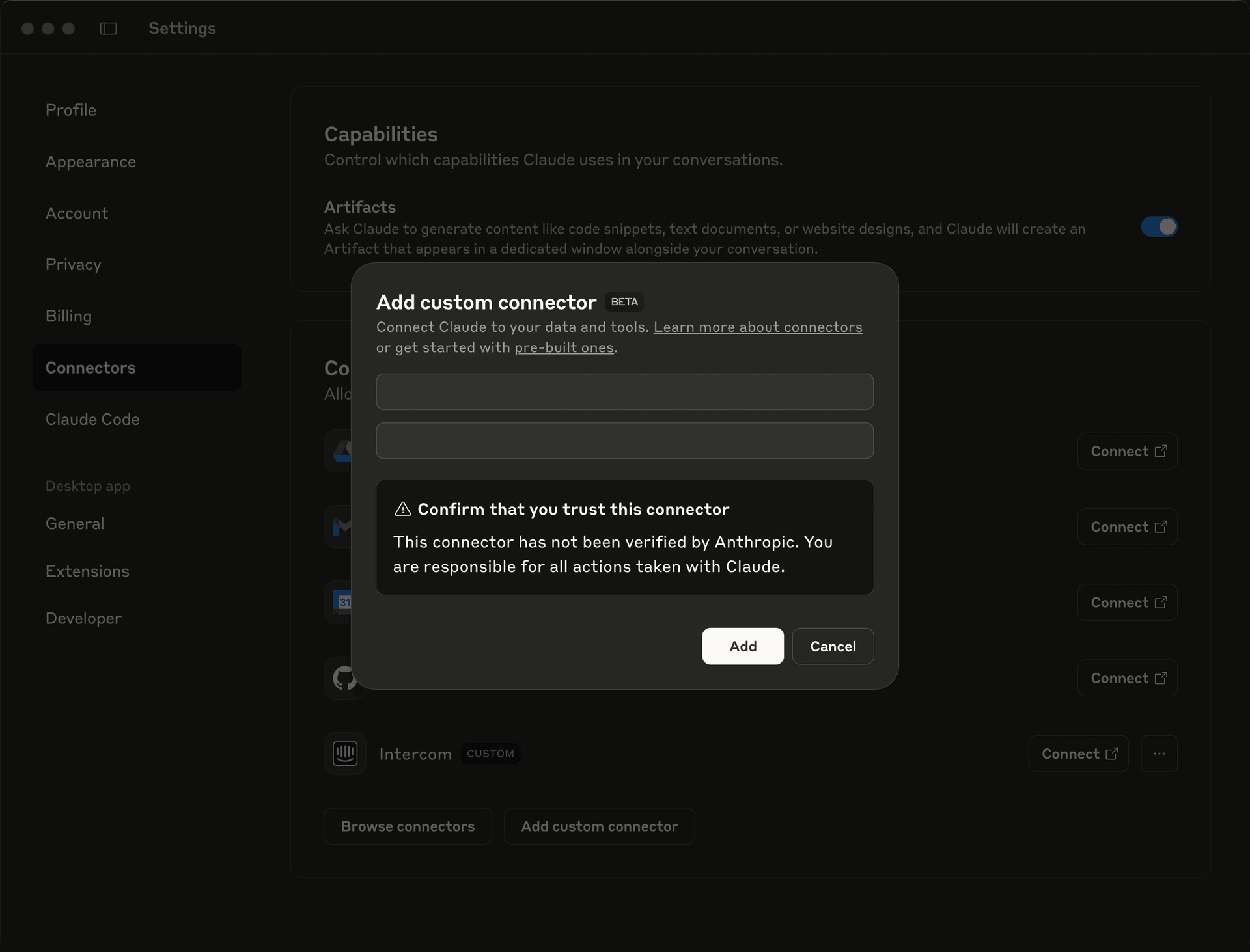 Screenshot showing the Add custom connector dialog