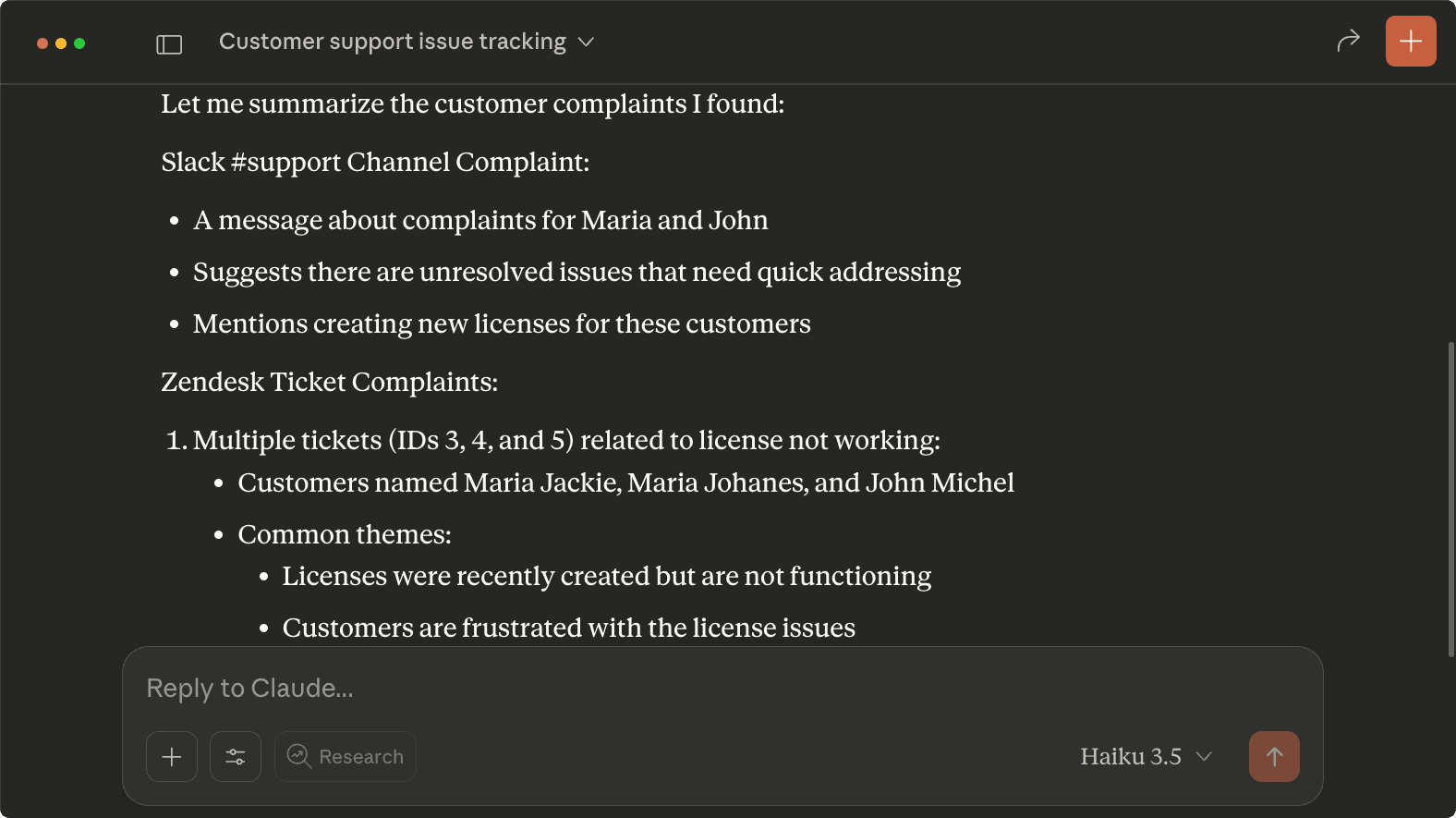 Claude searches Zendesk and Slack