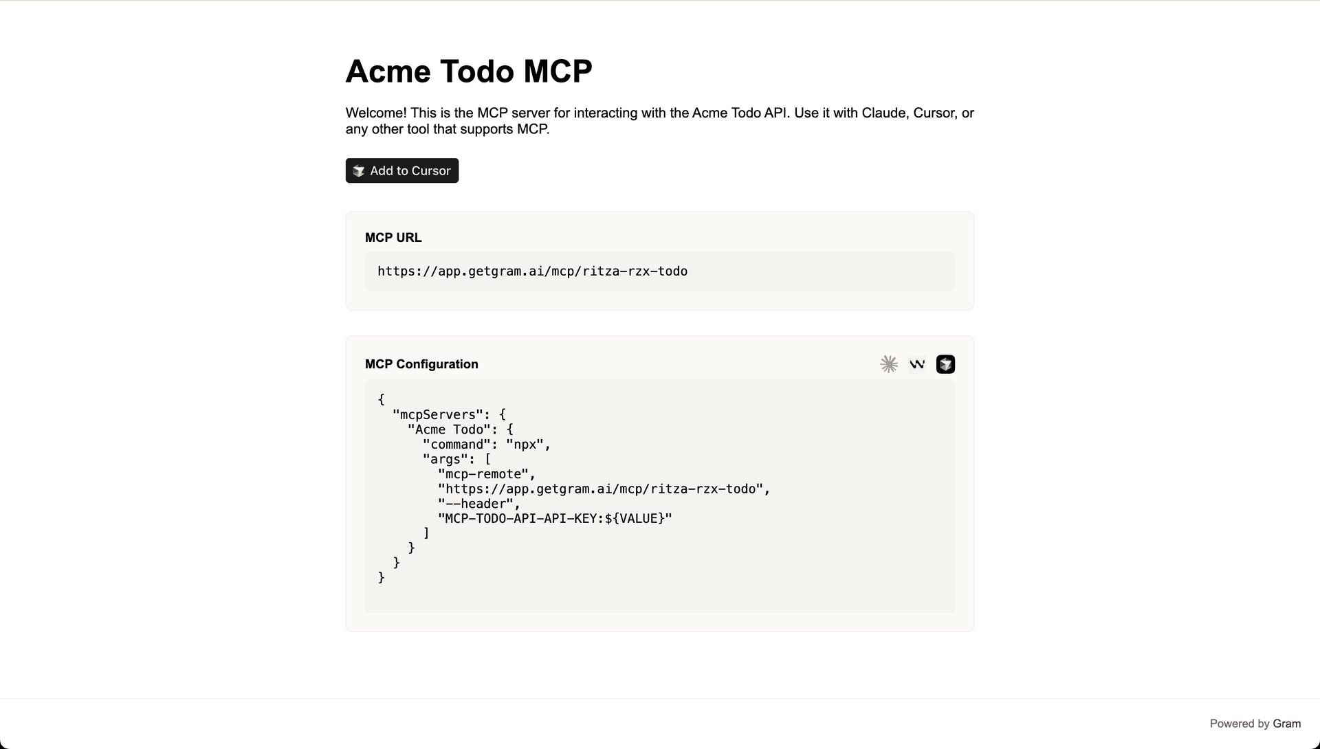 Example of a Gram-hosted MCP documentation page showing available tools and endpoints