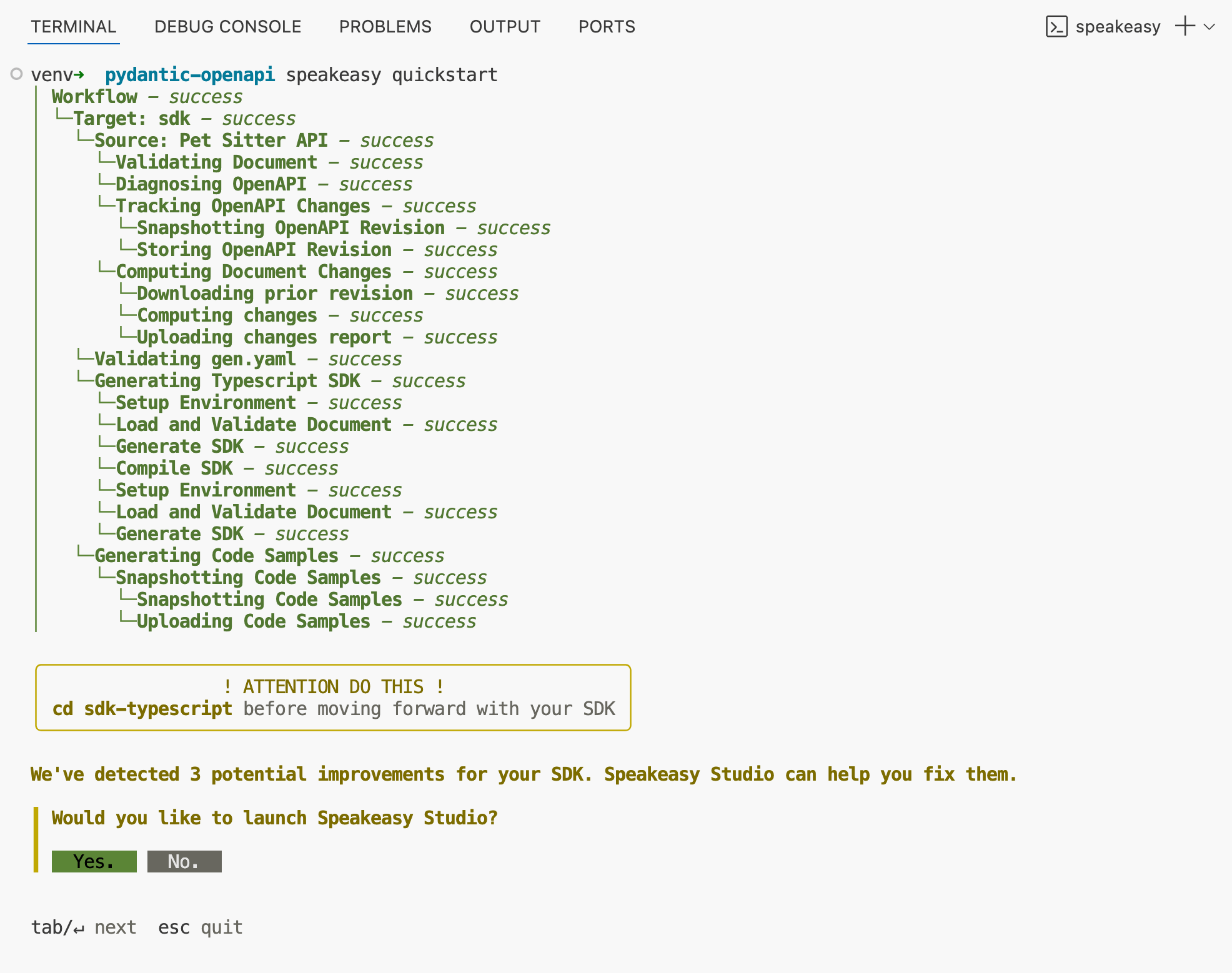 Speakeasy quickstart command output