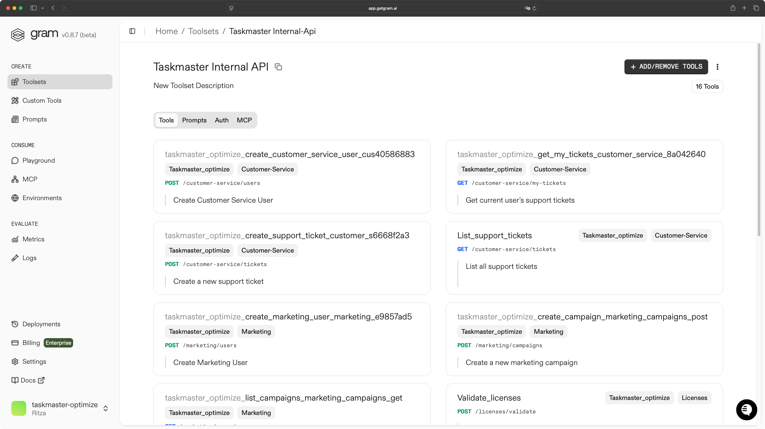 Displaying Taskmaster toolset