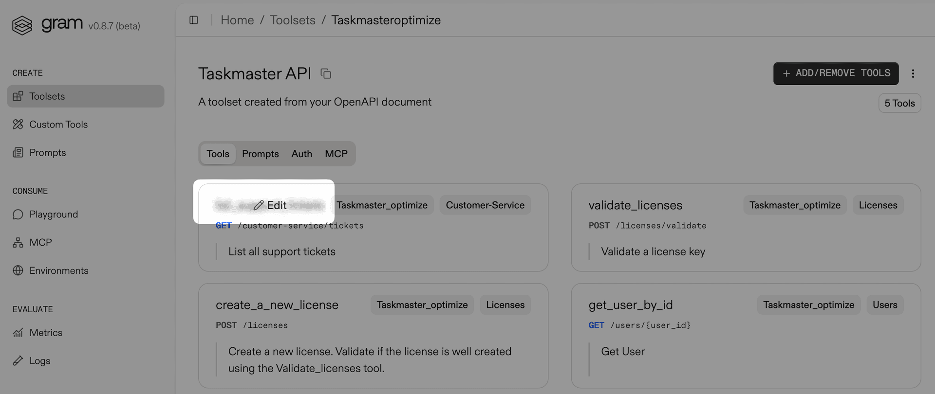Tool edit hover state