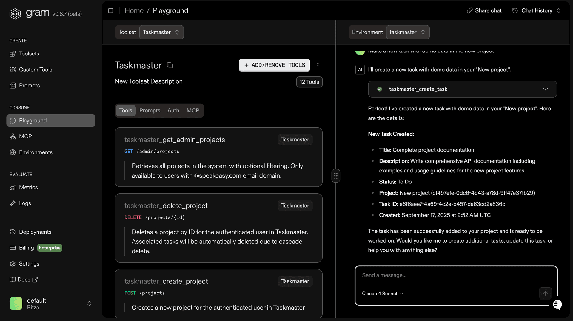 Screenshot of the Gram Playground testing Taskmaster tools